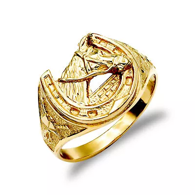 Mens Solid 9ct Gold Jewelco London Horse Head Horseshoe Ring • £277.99