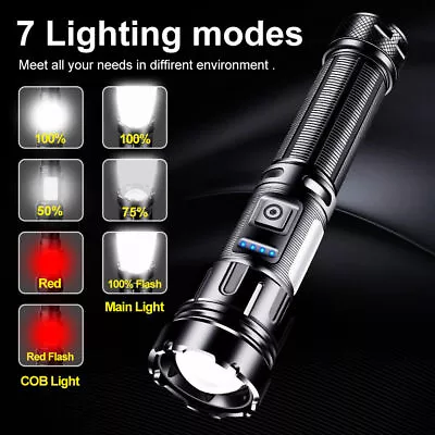 1000000 Lumen Military Tactical LED Torch COB Flashlight Rechargeable Work Light • $22.37