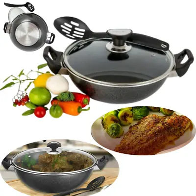 Non Stick Cooking Frying Pan Kadai Wok Pan Karahi With Lid Stir Fry Deep 32 40cm • £23.94