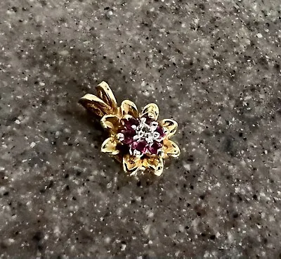 Vintage 10K Yellow Gold Ruby Diamond Flower Pendant For A Necklace • $110