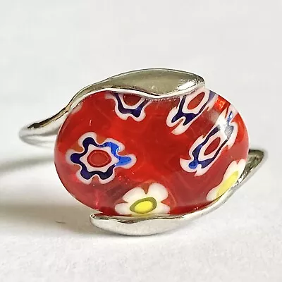 Murano Glass Cocktail Ring Size 6 Red Blue Millefiori Flowers Silver Plated • $12.99