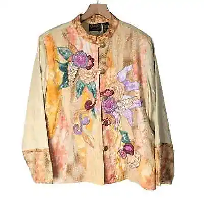 Vintage 90s Julia Kim Womens Applique Embroidered Jacket Size L Multicolor Boho • $13.55