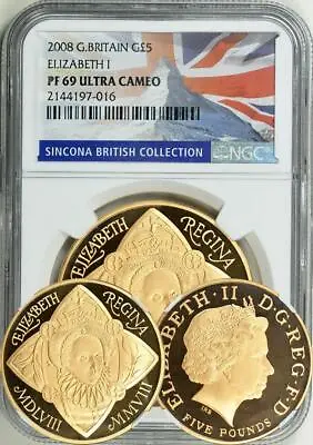 Great Britain 2008 GOLD 5 Pounds (Accession Of Elizabeth I) NGC PF-69 ULTR CAMEO • $4995