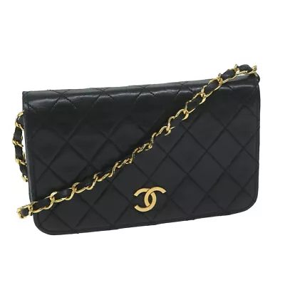 CHANEL Matelasse Chain Shoulder Bag Lamb Skin Black CC Auth Bs11475 • $837.20