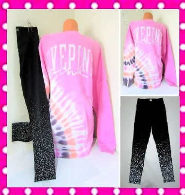 Victoria Secret Pink TIE DYE LOGO PULLOVER SWEAT SHIRT BLACK LEGGING PANT M SET • $99