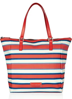 NWT MARC BY MARC JACOBS Take Me Jacobson Coral Red Striped PVC/Leather Tote Bag • $119.99