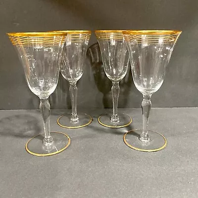 Set Of  4 Vintage Mid Century Modern Gold Stripe Wine Glasses Appx 7” Barware • $45