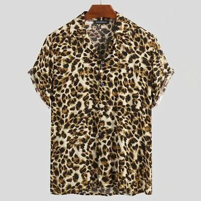 Mens Short Sleeve Leopard Print Top Summer Casual Baggy T-Shirt Lapel Neck Shirt • $21.34