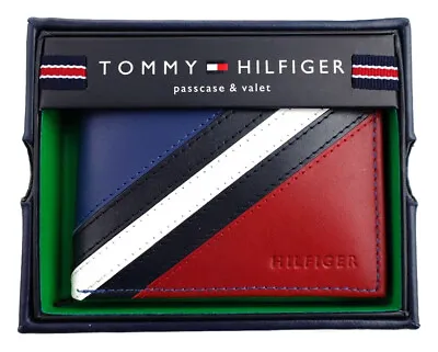 Tommy Hilfiger Men's Leather Wallet Passcase Billfold Red Navy 31TL22X051 • $27.29