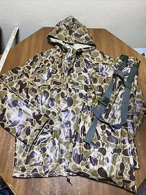 Cabelas  Pvc Froggy Woodland Camo Rain Suit Size S Hunting Fishing Jacket Bibs • $20.99