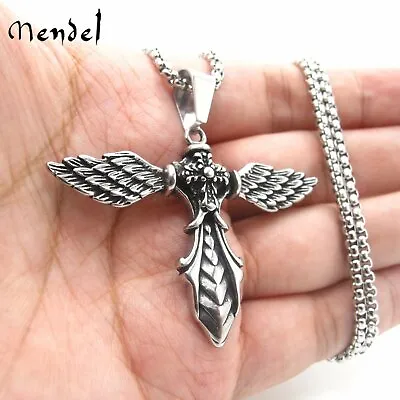 MENDEL Stainless Steel Mens Gothic Christian Angel Wings Cross Pendant Necklace • $10.99