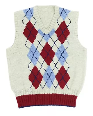 Vintage Hand Knit Gray/Blue/Maroon Argyle V-Neck Sweater Vest Fits S/38 Flaw • $39.99