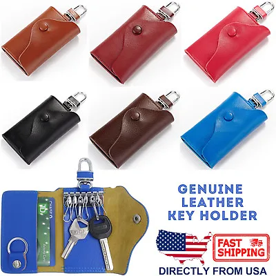 Leather Key Case Wallet Pouch 6 Snap Closure Hooks 1 Key Ring Card Slots Unisex • $15.70