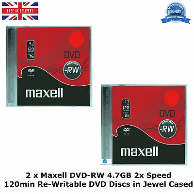 2 X Maxell DVD-RW 4.7GB 2x Speed 120min Re-Writable DVD New Discs In Jewel Cased • £5.99