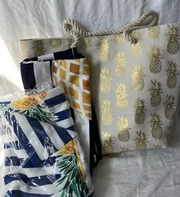 Large Metallic Foil Pineapple Beach Tote With 2 Beach Towels • $25