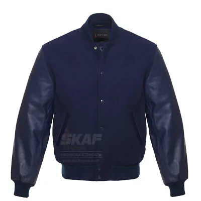 American Varsity Letterman Baseball School Jacket Wool Leather Sleeves All Navy  • $99.99