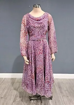 Vintage 70s MISS ELLIETTE Purple Lavender Floral Fit Flare Midi Tea Dress M • $49.99