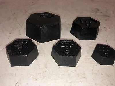 Set Of 5 Hexagonal   Vintage Metric  Cast Iron  Weights 1kg-100g Balanced Scale • £18.99