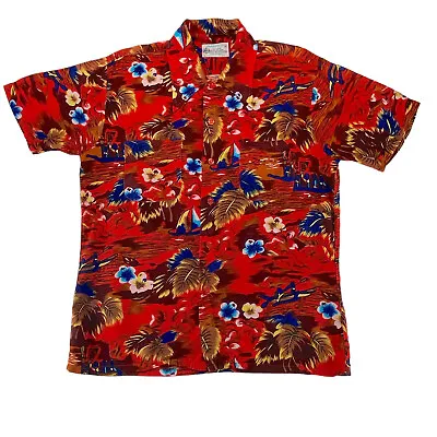 KMart Vintage Hawaiian Style Shirt Medium Red Blue Gold Floral Boats Palms Korea • $66.66