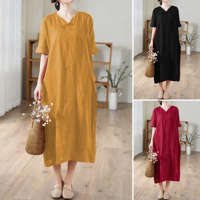 $27.49 • Buy ZANZEA Women V-neck Half Sleeves Holiday Casual Loose Kaftan Midi Dress Sundress