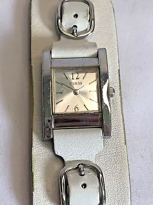 Guess Watch Women Silver Tone Square White Wide Leather Cuff Band Y2K • $12.75