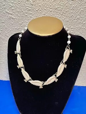 Vintage 16  Celluloid / Lucite Necklace Ivory Leaf & Faux Pearl Adjustable • $54