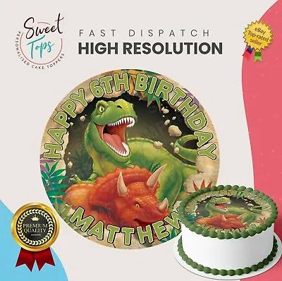 Dinosaur (t Rex) Edible Round Birthday Cake Topper Decoration Personalised • £5.49