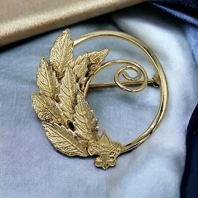 Fleur De Lis Brooch Vintage Leaves Eagle Gold Tone Swirl Estate Jewelry Pin • $16