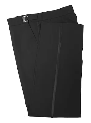 Men's Black Tuxedo Pants Flat Front With Satin Stripe Lightweight 100% Wool • $29.99