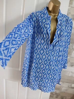 ELLIS & DEWEY ● Size S 8 ● Blue White Beach Blouse Top Kaftan Womens Ladies • $14.79