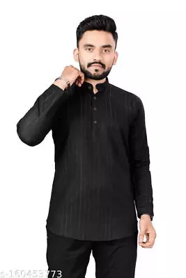 Indian Traditional Wear Fashionable Cotton Blend Striped Short Kurtas For Mens • £22.25