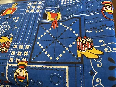 5 Yards COTTON FABRIC ! Blue Bandana WESTERN Cowboy Boots HORSE SADDLE VTG OOP • $45