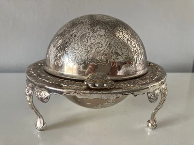£35 • Buy Silver Plated Footed Caviar Butter Dome Dish Roll Top Engraved Lid Glass Dish