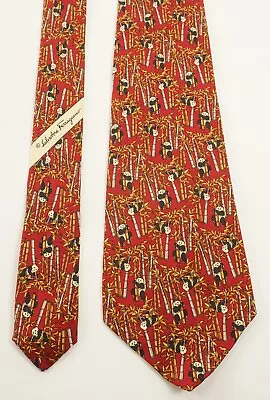 Salvatore Ferragamo Panda All Over Animal Print Bamboo Red Silk Neck Tie Classic • $26.95