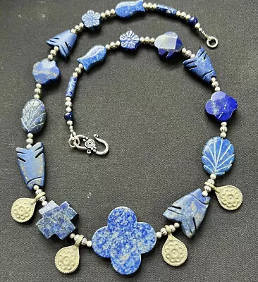 Moroccan Fleur De Lis Blue Clover Lapis Lazuli & Carved Lotus Yemenite Necklace. • $203