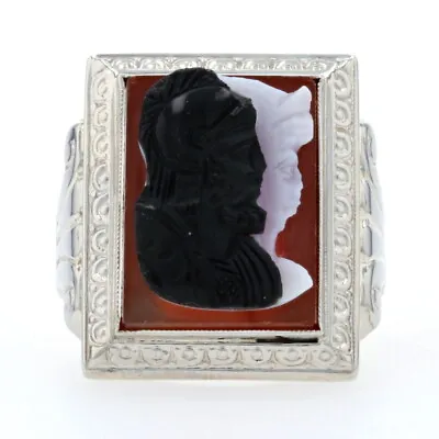 White Gold Carved Banded Agate Cameo Art Deco Men's Ring - 10k Warriors Vintage • $399.99