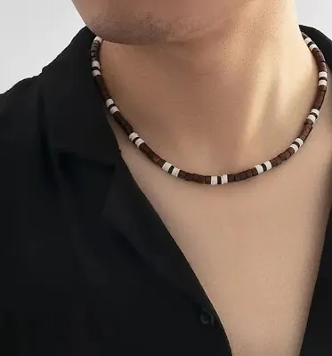 16  Mens Brown White Wooden Bohemian Beaded Necklace • £6