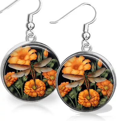 Vintage Art Print Dragonfly Earrings Summer Flowers Resin Sterling Silver Wires • $12.95