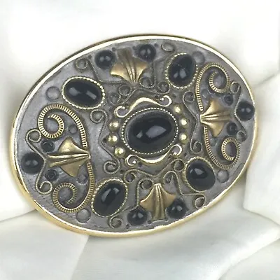 Vintage MICHAL GOLAN Israel Oval Gold Tone Pin Brooch Pendant Black Stones • $19.99