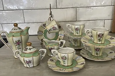 LIMOGES China MINIATURE Tea Set Yellow & Green Pink ROSES COTTAGE 17 Ps • £71.23