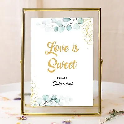 Wedding Table Love Is Sweet Sign Eucalyptus Gold - Size A3 A4 A5 • £6.99