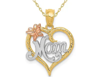 MOM Heart Butterfly Pendant Necklace In 14K Yellow And White Gold • $186.99