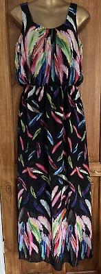 Cotton Club Black Pink Blue Green Chiffon Feather Print Maxi Dress - Size 12 VGC • £10