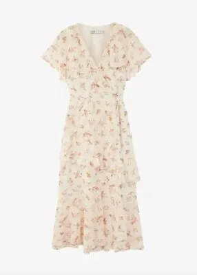 OASIS LADIES DITSY FLORAL PRINT RUFFLE MIDI DRESS NATURAL SIZE 8 (ref 562) • £8.99