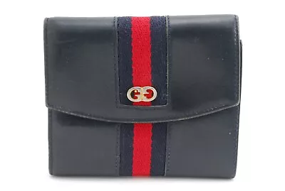 Vintage Gucci Sherry Line Compact Wallet Leather Navy Authentic • $145