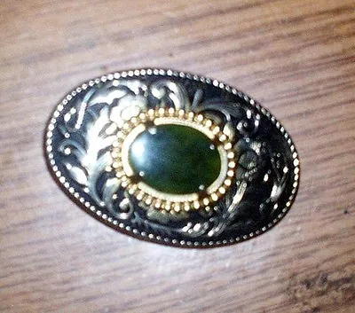 Vintage Western Silver Belt Buckle Green Jade Stone  • $29.99