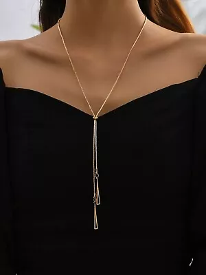 Women's Minimalist Long Gold Metal Triangle Y Lariat Decor Charm Necklace Gift • £4.85