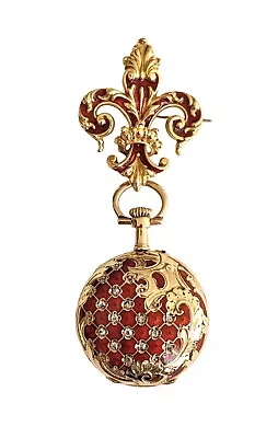 Fleur De Lis Pendant Watch  Diamond Enamel  14K  Christmas 1899 • $3500