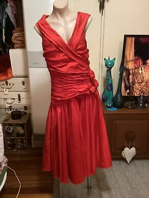 Genuine Vintage 70’s Ball Gown Evening Dress Bright Red Spun Silk Size 14 • $120