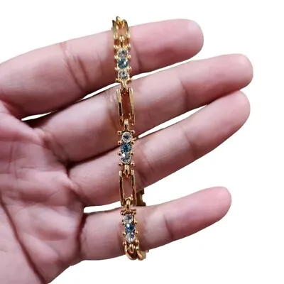 Vintage Gold Toned Blue Aquamarine Bling Trio Link Bracelet 7  • $65